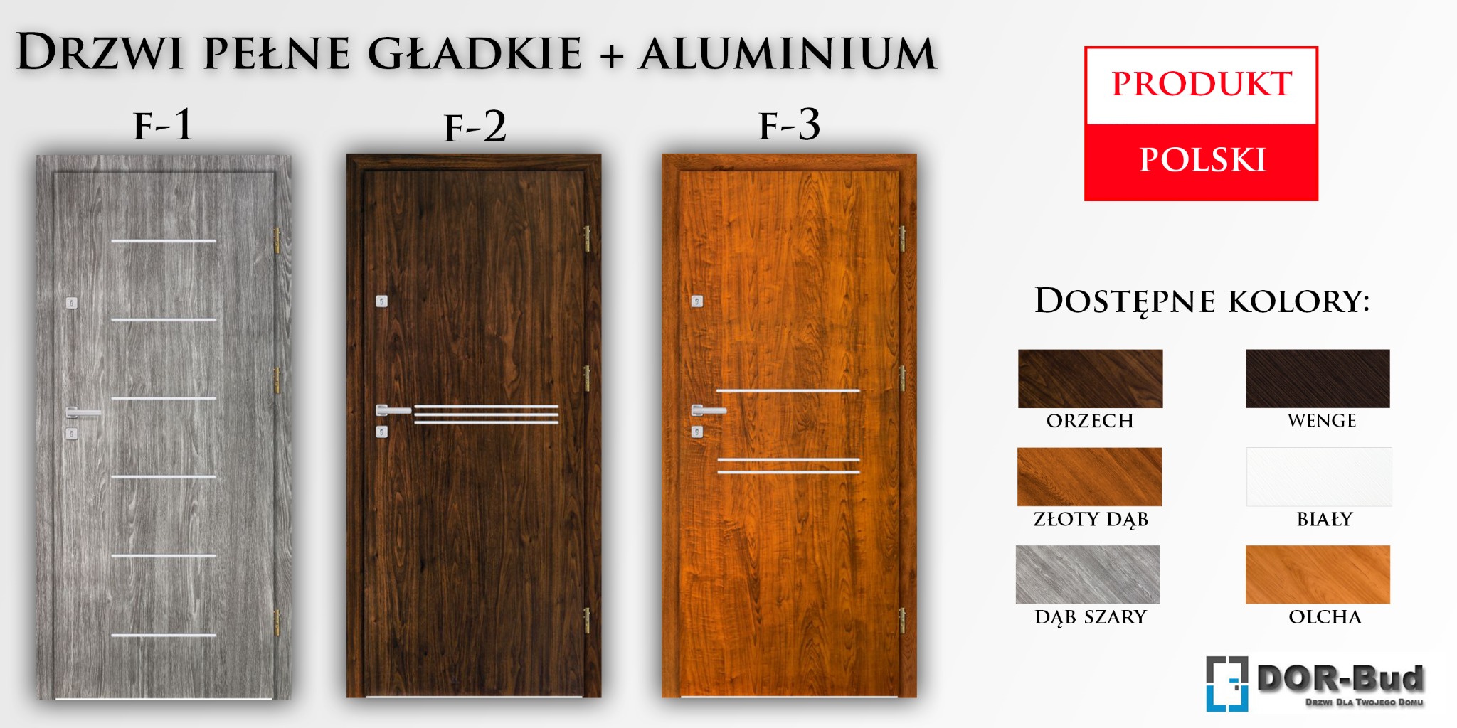 Prezentacja trzech modeli drzwi pełnych, gładkich z aluminiowymi akcentami w kolorach: szarym, brązowym i miedzianym, z informacją o dostępnych kolorach i logo producenta Dor-Bud.