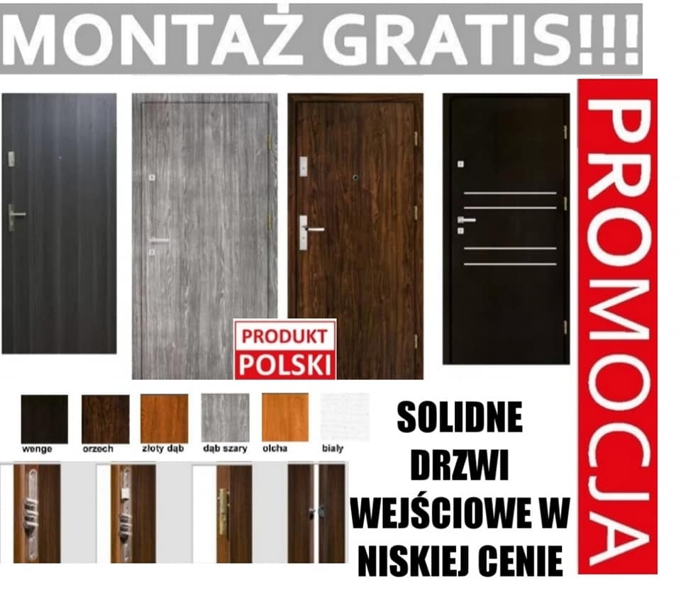 Promocyjna oferta polskich drzwi wejściowych: cztery różne modele w odcieniach wenge, orzech, dąb szary i olcha, z darmowym montażem.