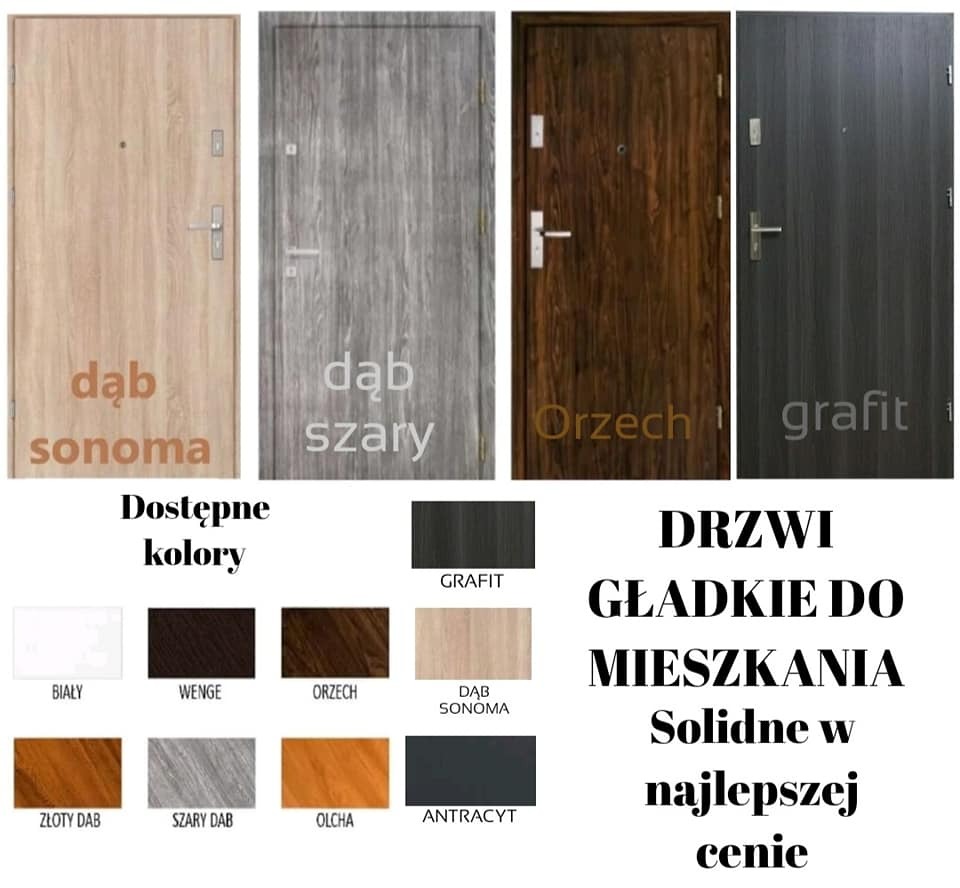 Kompozycja czterech wariantów kolorystycznych drzwi gładkich do mieszkania: dąb sonoma, dąb szary, orzech, grafit, wraz z paletą dostępnych kolorów.