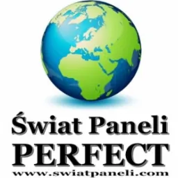 Logo firmy Świat Paneli PERFECT z globusem w tle i adresem strony internetowej.