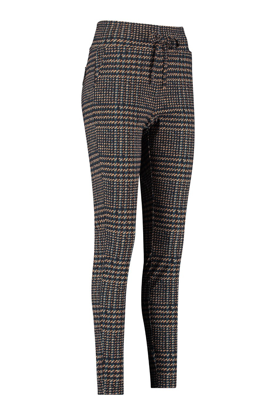 Damskie, dopasowane spodnie w pepitkę z subtelnymi akcentami kolorystycznymi, prezentowane na białym tle.