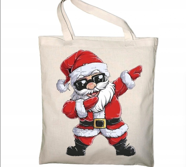 Biała torba bawełniana z nadrukiem Świętego Mikołaja w okularach przeciwsłonecznych, wykonującego gest 'dab'.