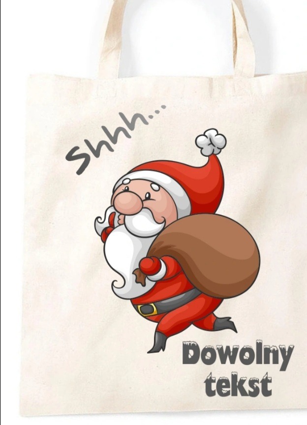 Beżowa torba bawełniana z nadrukiem: biegnący Święty Mikołaj z workiem prezentów i napisem 'Dowolny tekst' oraz 'Shhh...'