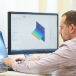 Mężczyzna w koszuli przy biurku, korzystający z laptopa, z widocznym na monitorze modelem 3D blachy z analizą naprężeń.
