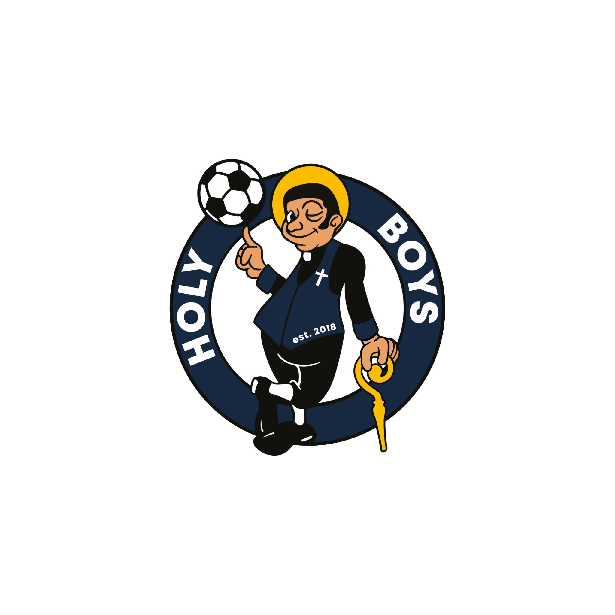 Ilustracja logo drużyny piłkarskiej 'Holy Boys' z motywem księdza balansującego piłkę na palcu, otoczonego napisem w okręgu.