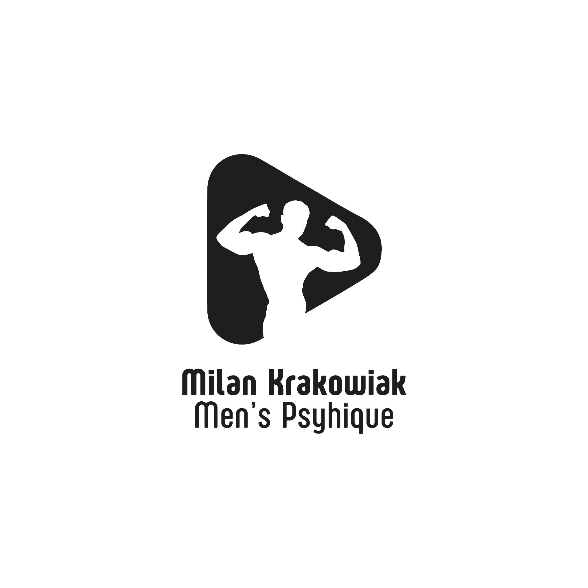 Czarno-białe logo z sylwetką kulturysty wewnątrz odwróconego trójkąta, poniżej nazwa 'Milan Krakowiak Men's Psyhique'.