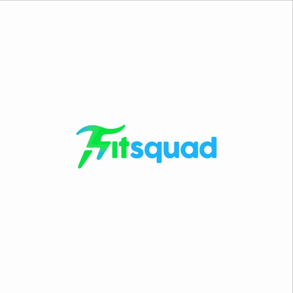 Gradient logo 'Fitsquad' with stylized lightning bolt forming the 'F', transitioning from green to blue against a white background.
