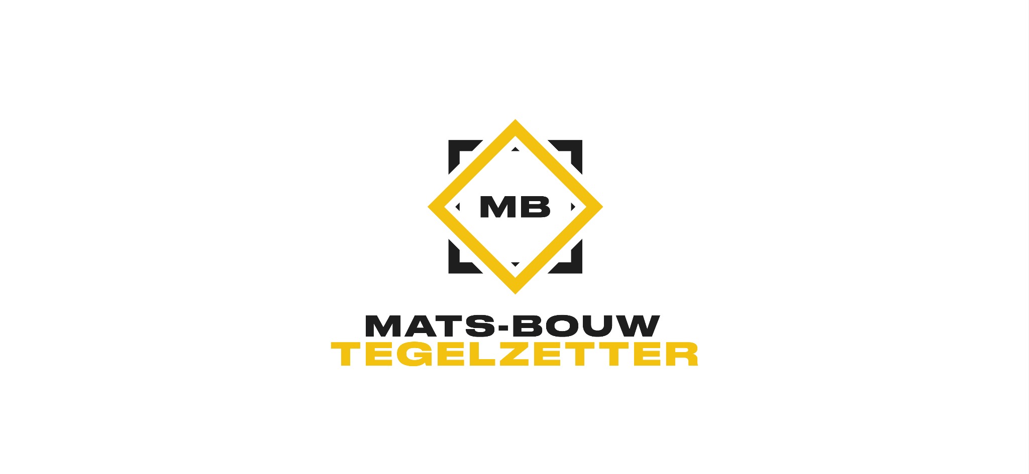 Minimalistyczne logo firmy Mats-Bouw Tegelzetter z inicjałami MB w żółtym rombie na tle czarnego kwadratu.