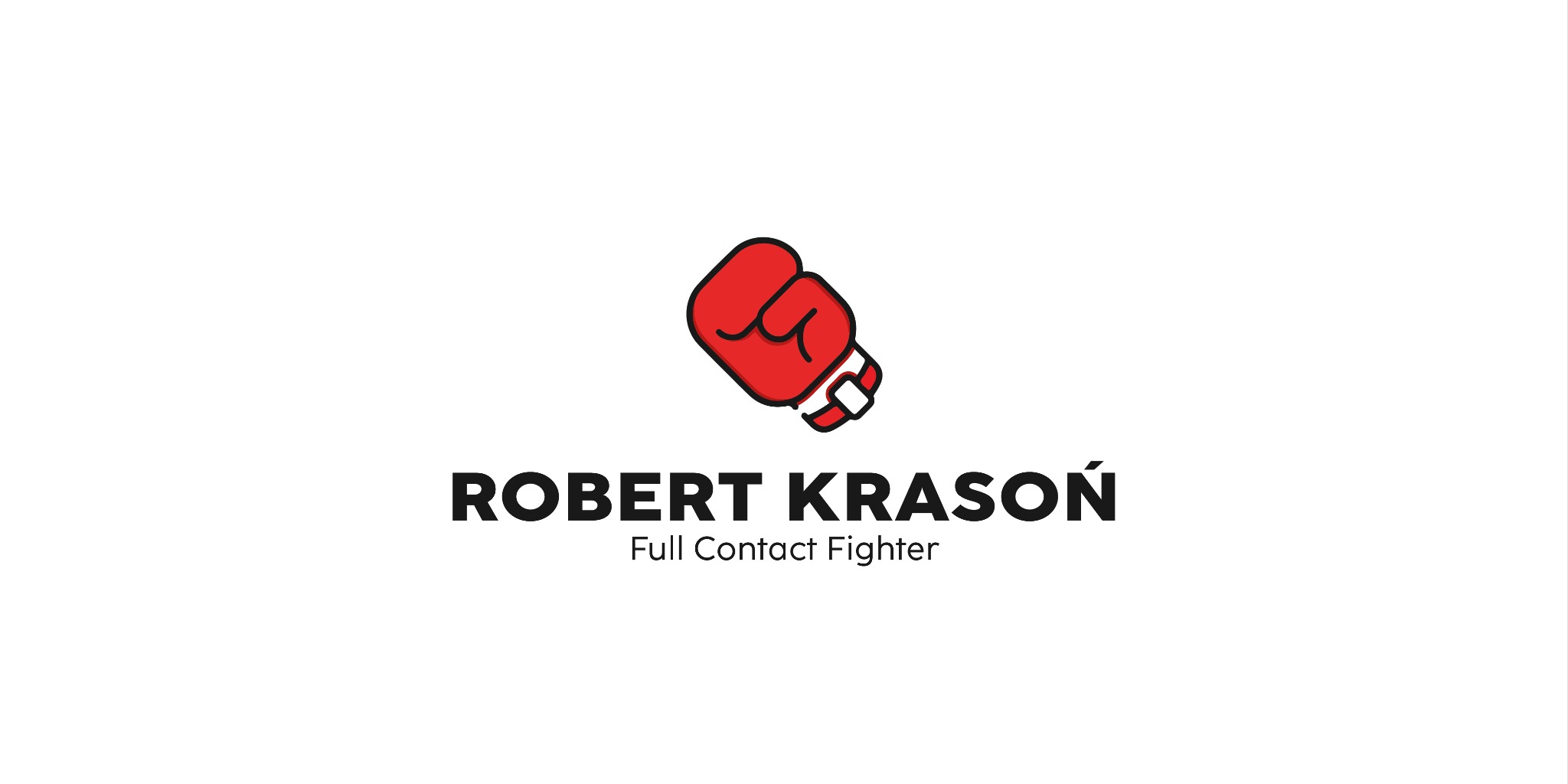 Minimalistyczne logo z czerwoną rękawicą bokserską i nazwą Robert Krasoń Full Contact Fighter na białym tle.