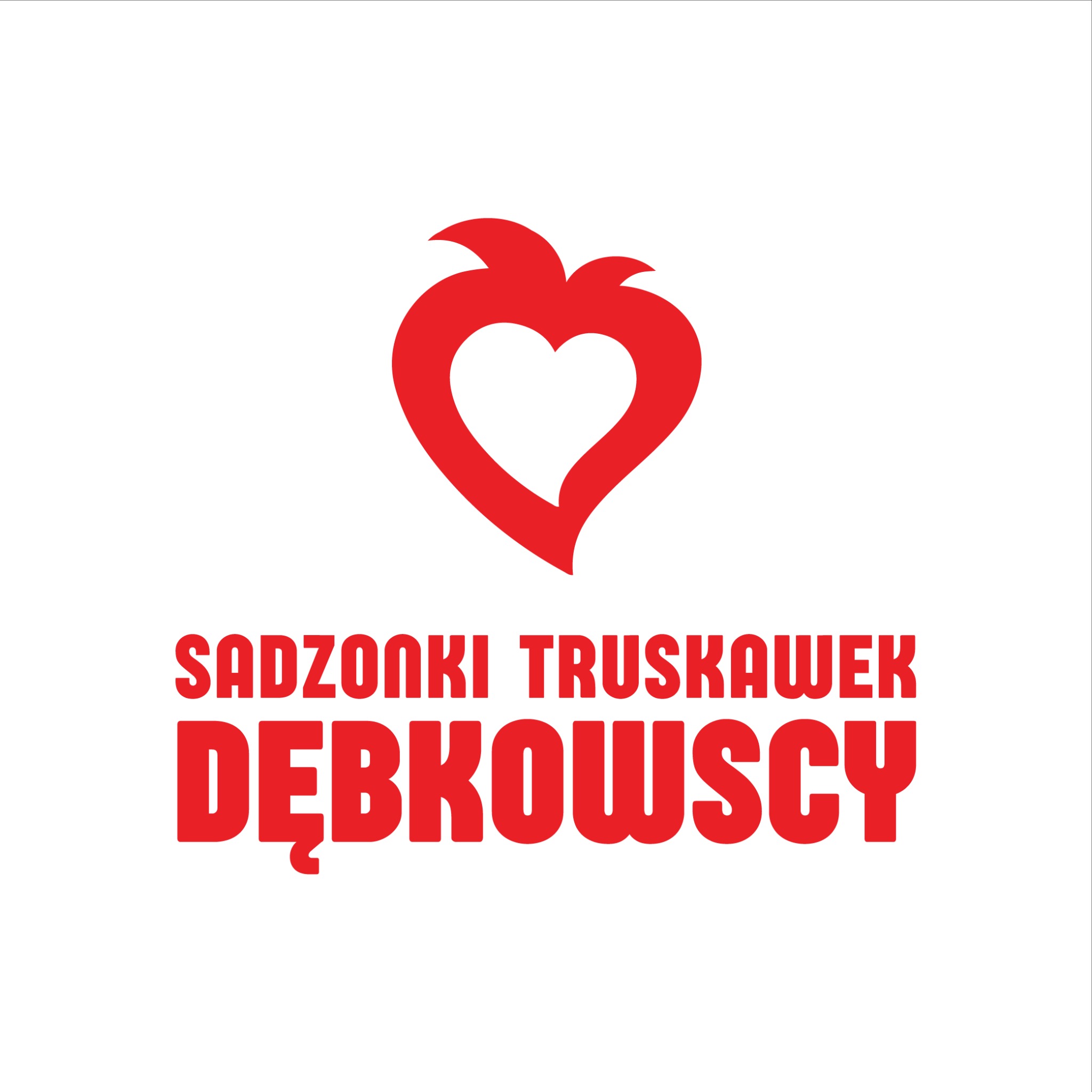 Czerwone logo firmy 'SADZONKI TRUSKAWEK DĘBKOWSCY' z symbolem truskawki w kształcie serca na białym tle.