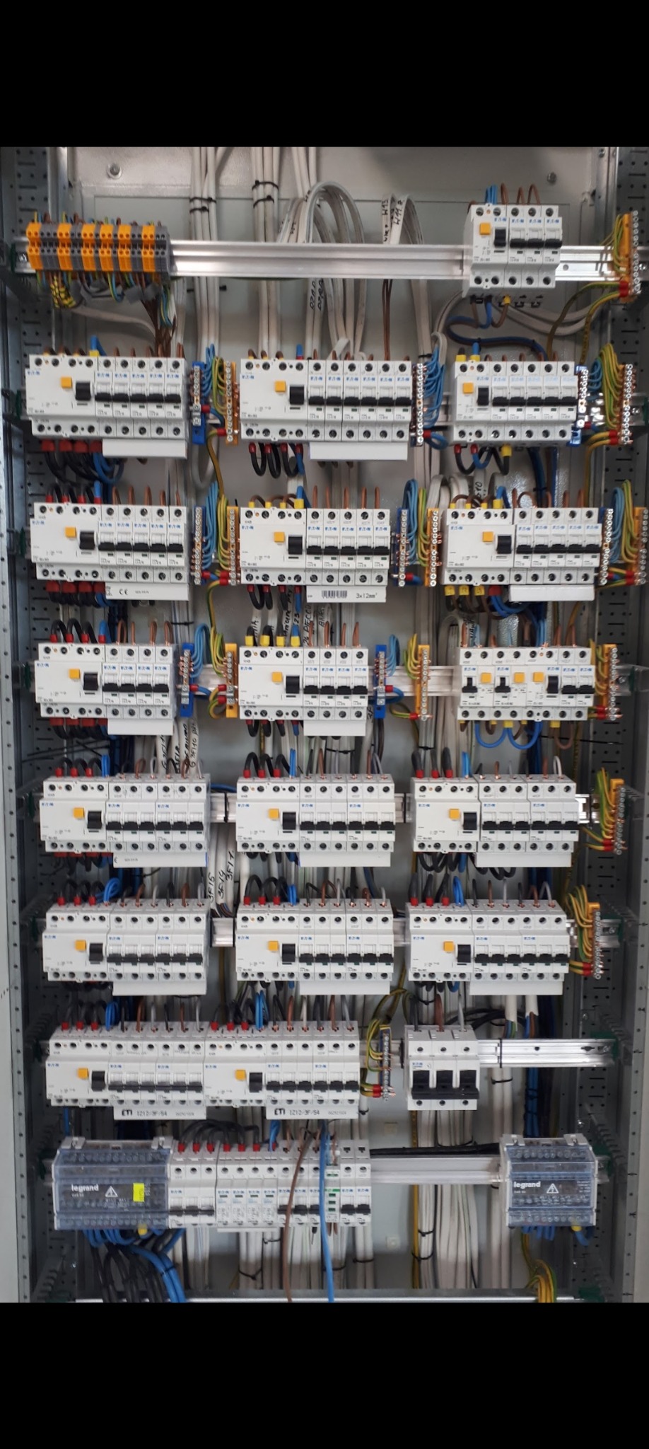 Rozbudowana szafa elektryczna z licznymi bezpiecznikami ETI i Legrand, okablowaniem w kolorach, zamocowana na szynach DIN, widok z przodu.