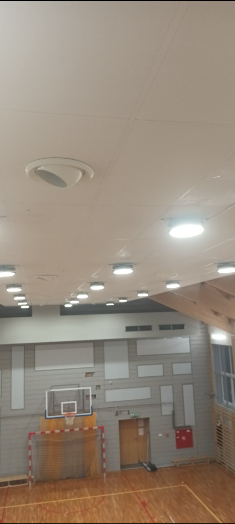 Wnętrze hali sportowej z widocznym oświetleniem sufitowym, wentylacją, tablicą do koszykówki i bramką do piłki ręcznej.