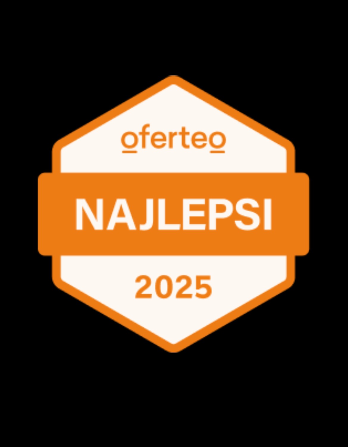 Pomarańczowo-biała odznaka Oferteo z napisem 'NAJLEPSI 2025' na czarnym tle.