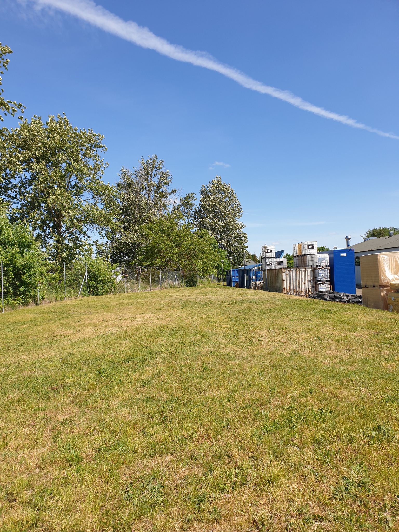 Teren zielony z trawą w Myśliborzu, częściowo wyschniętą, z widocznymi kontenerami i zabudowaniami w tle, pod błękitnym niebem z pojedynczym śladem kondensacyjnym samolotu.