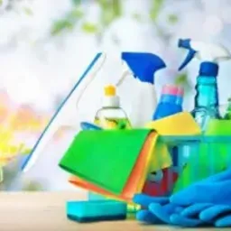 Zestaw środków czystości w przezroczystym wiaderku: ściereczki mikrofibrowe, gąbka, butelki ze spryskiwaczami, rękawice ochronne na tle rozmytej zieleni.