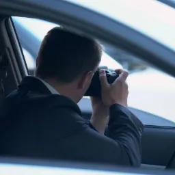 Mężczyzna w garniturze siedzi w samochodzie i robi zdjęcia aparatem przez okno.