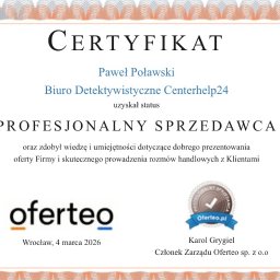 Certyfikat dla Biura Detektywistycznego Centerhelp24, potwierdzający status Profesjonalnego Sprzedawcy Oferteo, z datą 4 marca 2026.