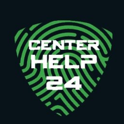 Grafika z napisem 'CENTER HELP 24' na zielonym tle przypominającym odcisk palca, umieszczona na ciemnym tle. Logo sugeruje całodobową pomoc.