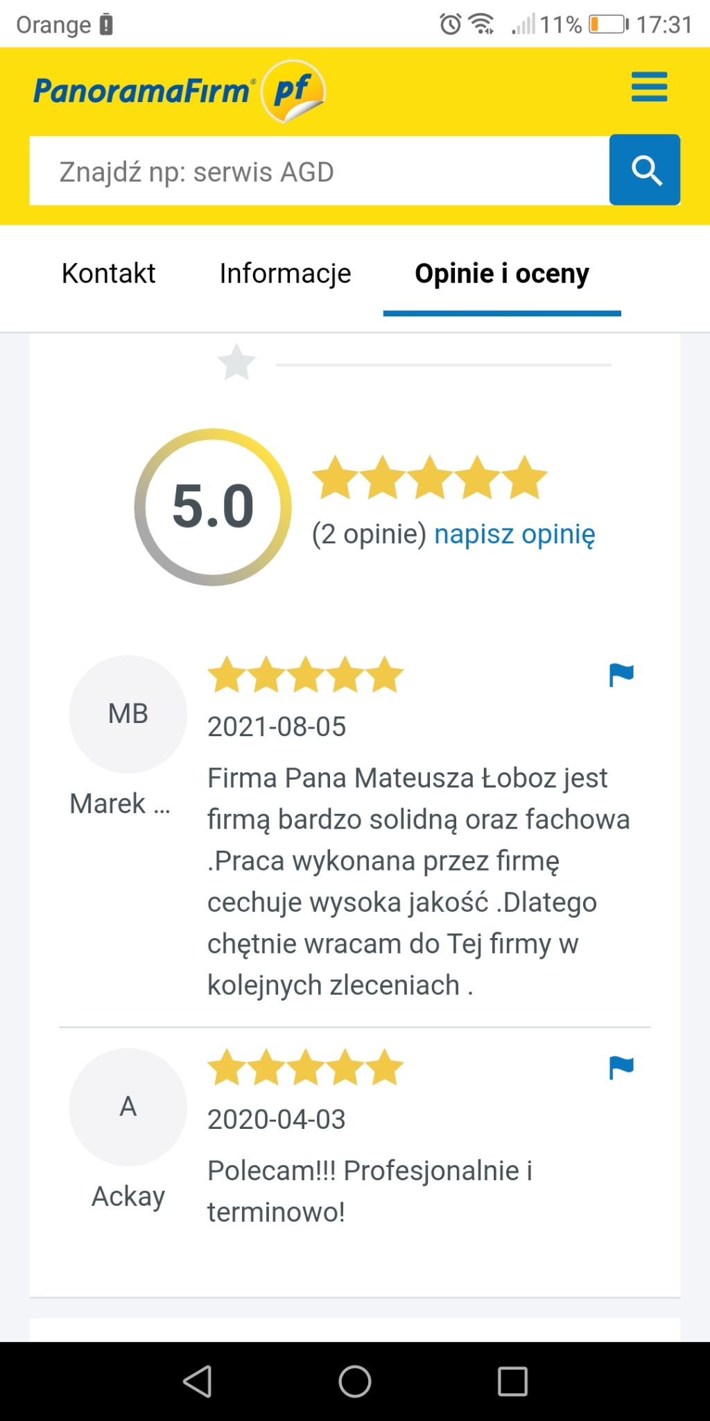 Zrzut ekranu strony PanoramaFirm z ocenami i opiniami o firmie: średnia ocen 5.0, opinia Marka z 2021-08-05 chwaląca solidność i jakość pracy oraz opinia Ackaya z 2020-04-03 polecająca...