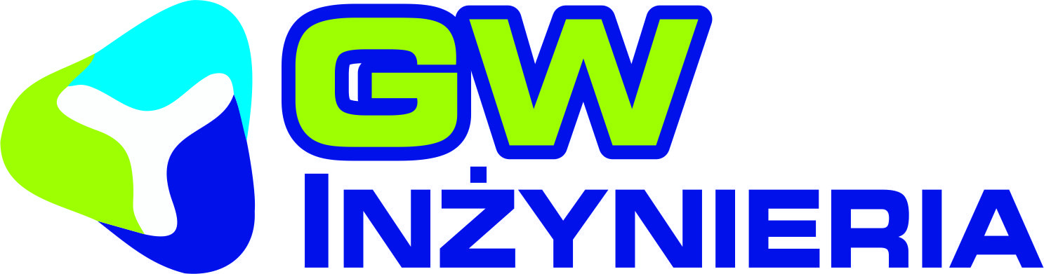 Logo firmy inżynieryjnej z Krakowa, z abstrakcyjnym symbolem w kolorach niebieskim, zielonym i turkusowym oraz napisem 'GW Inżynieria' w kolorze niebieskim z zielonym wypełnieniem.