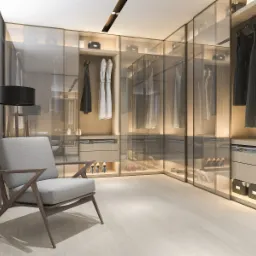 Nowoczesna garderoba z przeszklonymi frontami, podświetlana od wewnątrz, z szarym fotelem i lampą podłogową w minimalistycznym stylu.