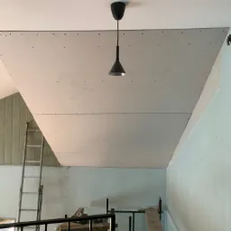 Montaż płyt kartonowo-gipsowych na suficie, widoczne wkręty, drabina oparta o ścianę z boazerią, lampa wisząca w centrum kadru, ściany w kolorze jasnej zieleni.