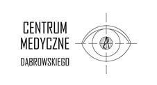 Logo Centrum Medycznego Dąbrowskiego z graficznym symbolem oka z krzyżem celowniczym w źrenicy, czarno-białe na białym tle.
