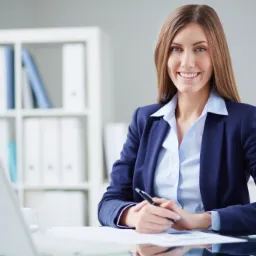 Uśmiechnięta kobieta w biurze, ubrana w granatową marynarkę i jasną koszulę, trzyma długopis nad dokumentami, na biurku laptop i segregatory w tle.