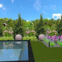 Blossom Garden - Wizualizacja 3D ogrodu z basenem, kulami dekoracyjnymi, strzyżonymi iglakami, rabatami kwiatowymi i bambusową przesłoną.