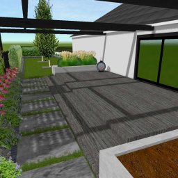 Blossom Garden - Wizualizacja 3D ogrodu z drewnianym tarasem, ścieżką z płyt kamiennych, rabatami kwiatowymi i pergolą z pnączami, minimalistyczny styl.