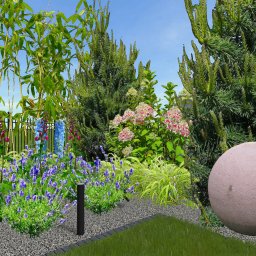 Blossom Garden - Wizualizacja ogrodu z kwitnącą lawendą, delphinium i bambusami, ozdobiona kamienną kulą i nowoczesnym oświetleniem, widok na rabatę z krzewami i hortensjami.