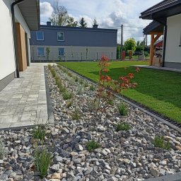 Blossom Garden - Nowoczesny ogród przydomowy z rabatą wysypaną szarym kamieniem, niskimi roślinami ozdobnymi, trawnikiem i ścieżką z płyt betonowych.