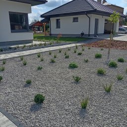 Blossom Garden - Nowoczesny ogród przydomowy z białym żwirem, niskimi roślinami ozdobnymi i ścieżką z kostki brukowej, w tle dwa białe domy z ciemnymi dachami i elementami małej architektury ogrodowej.