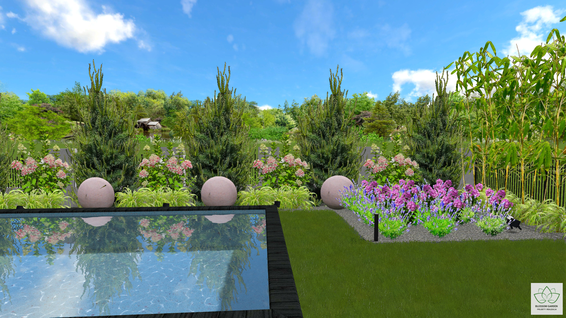 Wizualizacja 3D ogrodu z basenem, kulami dekoracyjnymi, strzyżonymi iglakami, rabatami kwiatowymi i bambusową przesłoną.