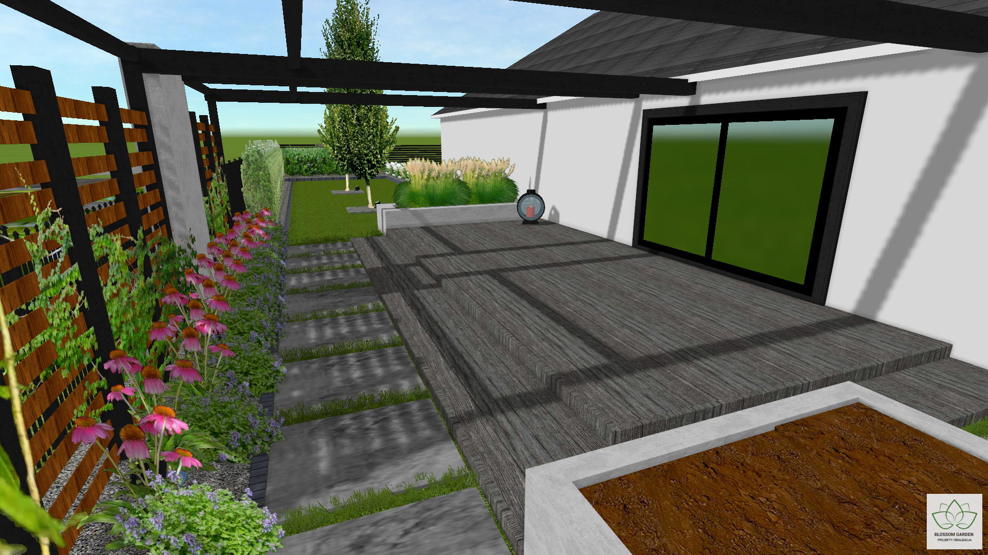 Wizualizacja 3D ogrodu z drewnianym tarasem, ścieżką z płyt kamiennych, rabatami kwiatowymi i pergolą z pnączami, minimalistyczny styl.