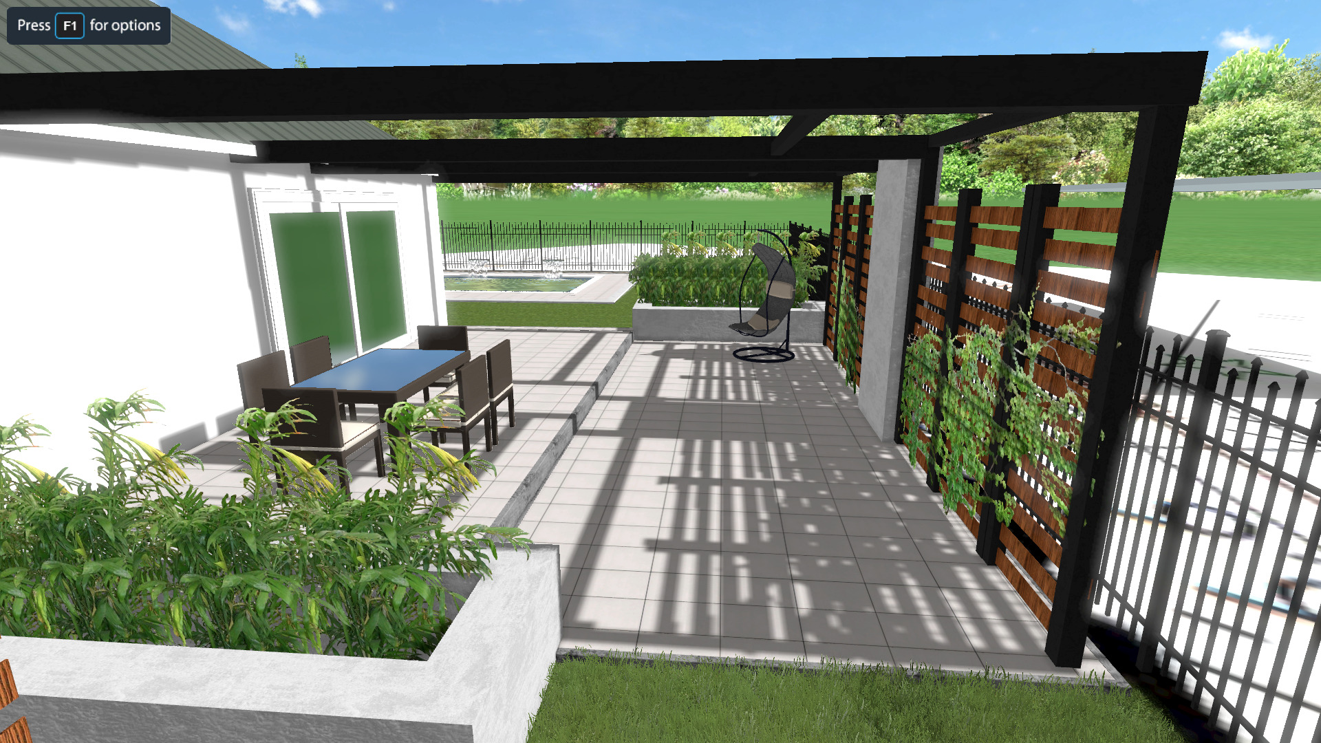 Wizualizacja patio z pergolą, stołem jadalnym, wiszącym fotelem i panelem z roślinnością pnącą, widok na basen w tle.