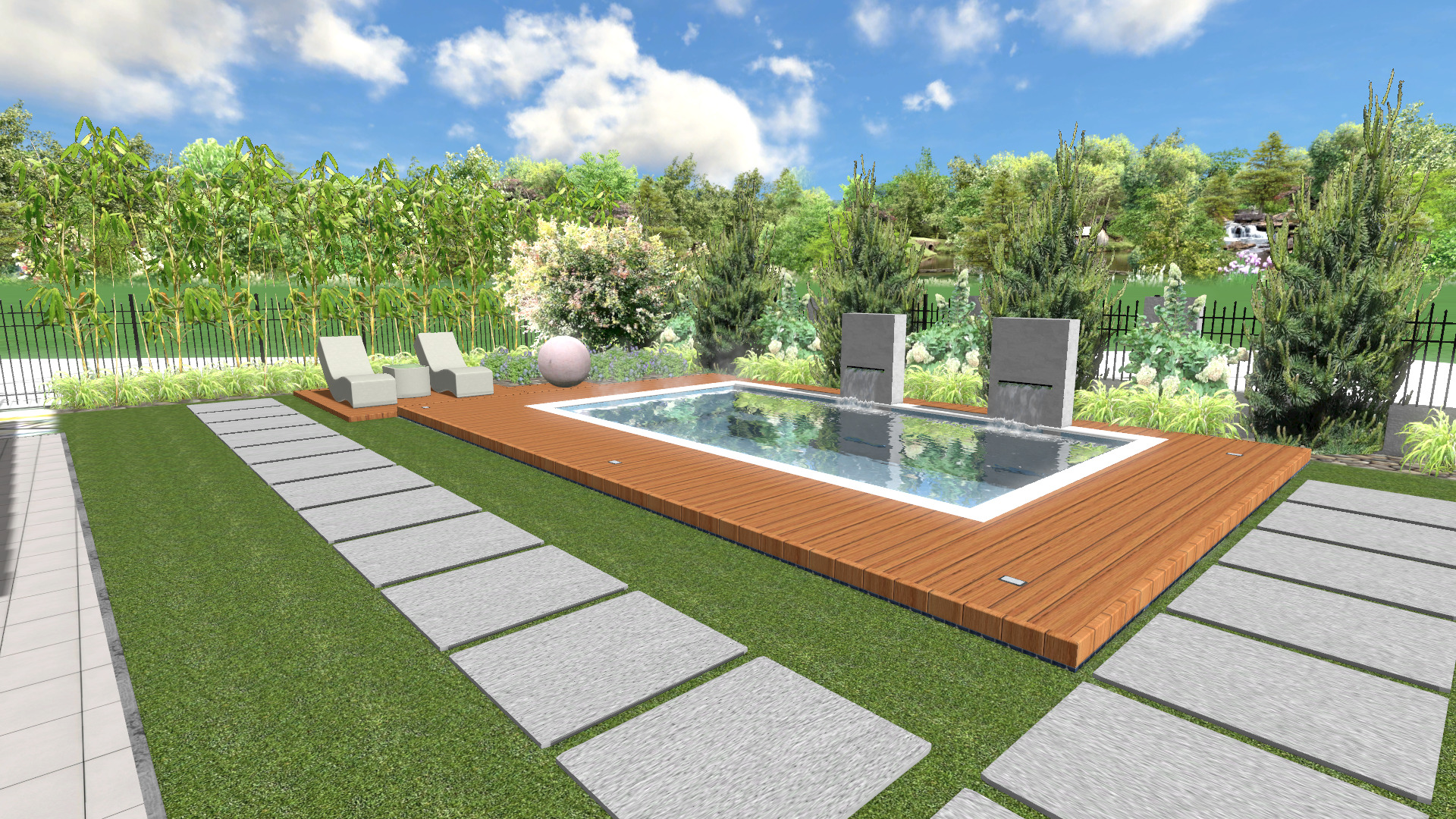 Wizualizacja ogrodu z prostokątnym basenem otoczonym drewnianym tarasem, minimalistyczne leżaki, ścieżka z płyt betonowych na trawie, dekoracyjne wodospady i bujna roślinność w tle.