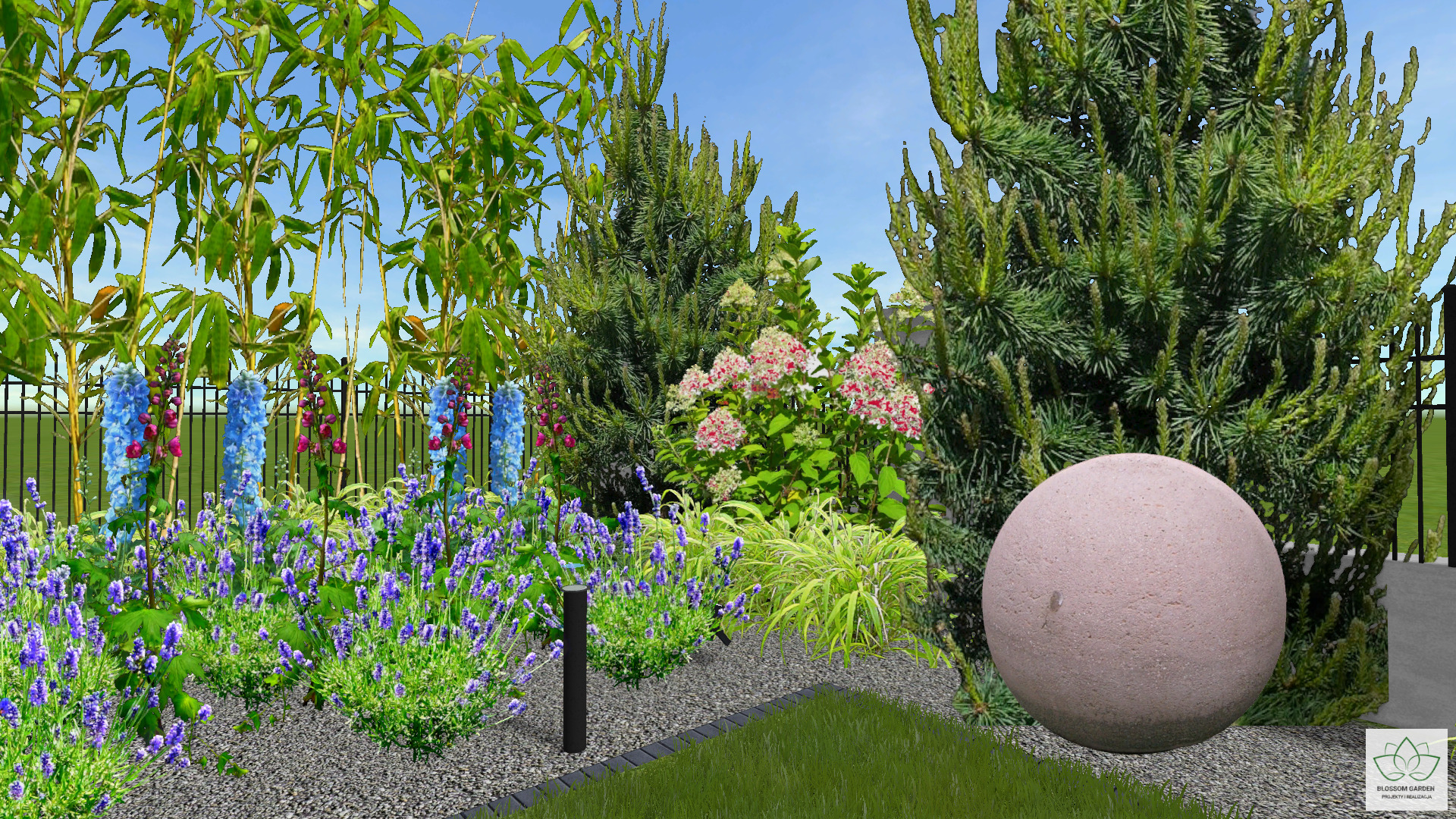 Wizualizacja ogrodu z kwitnącą lawendą, delphinium i bambusami, ozdobiona kamienną kulą i nowoczesnym oświetleniem, widok na rabatę z krzewami i hortensjami.