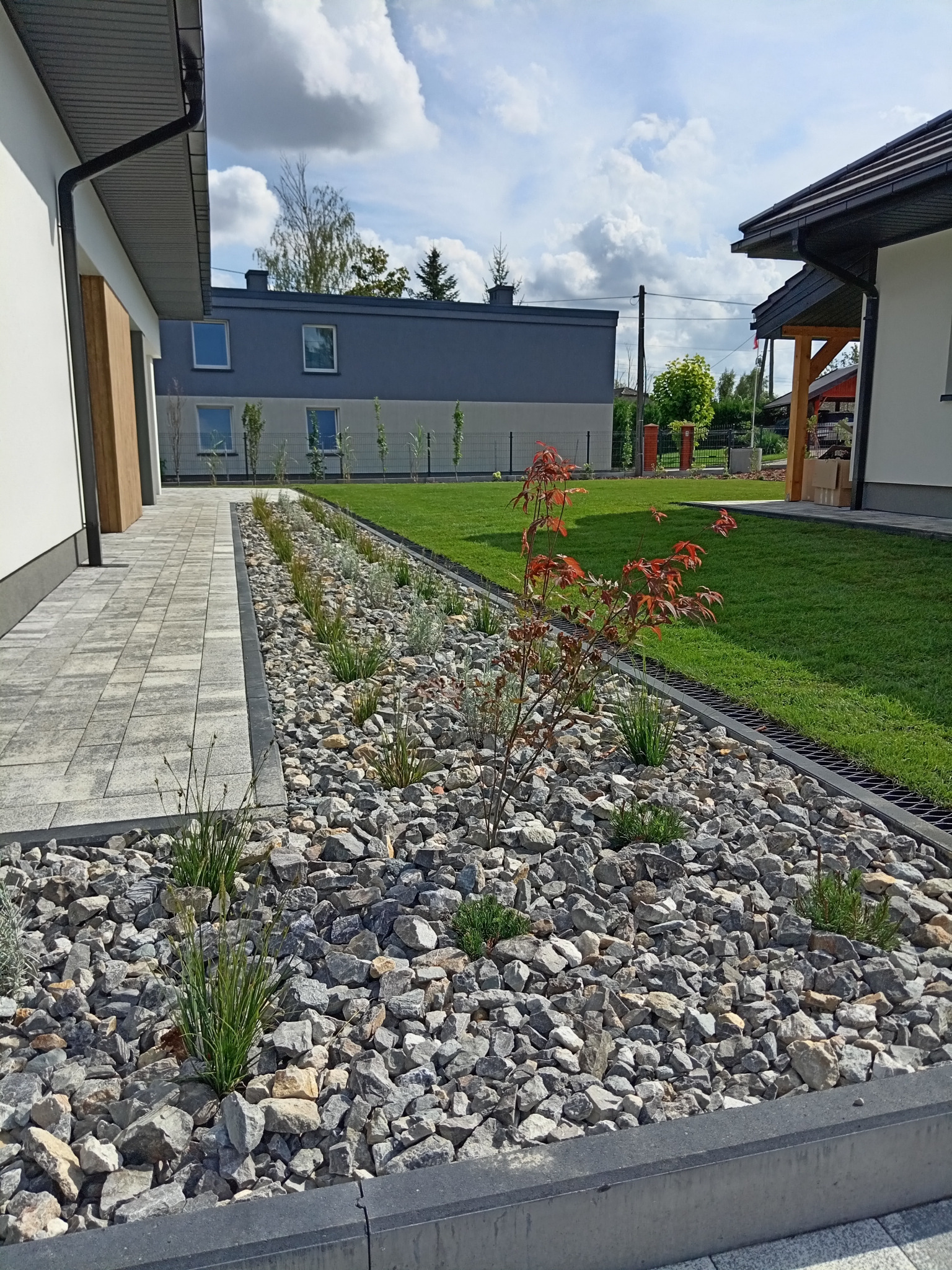 Nowoczesny ogród przydomowy z rabatą wysypaną szarym kamieniem, niskimi roślinami ozdobnymi, trawnikiem i ścieżką z płyt betonowych.