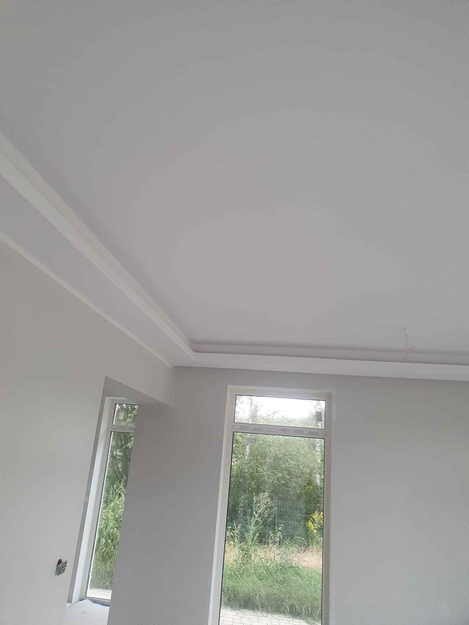 Wnętrze świeżo pomalowanego pokoju z białymi ścianami i sufitem, dekoracyjne listwy sufitowe, widok na zieleń za oknem.