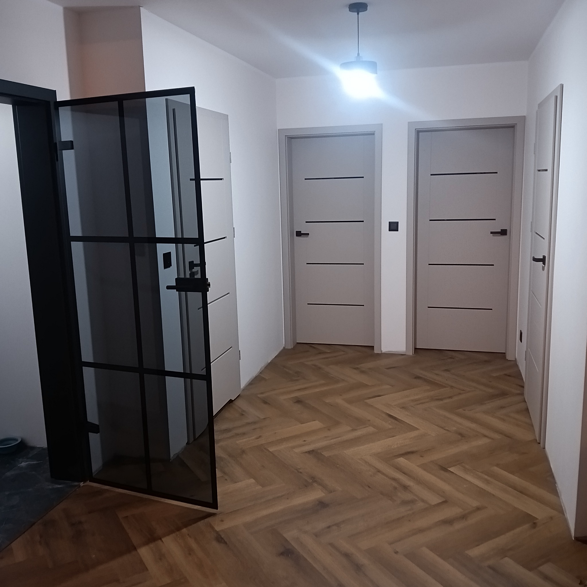 Nowoczesny przedpokój z parkietem w jodełkę, szklaną ścianką działową z czarnymi szprosami i trzema parami drzwi w odcieniach bieli. Minimalistyczne oświetlenie sufitowe.