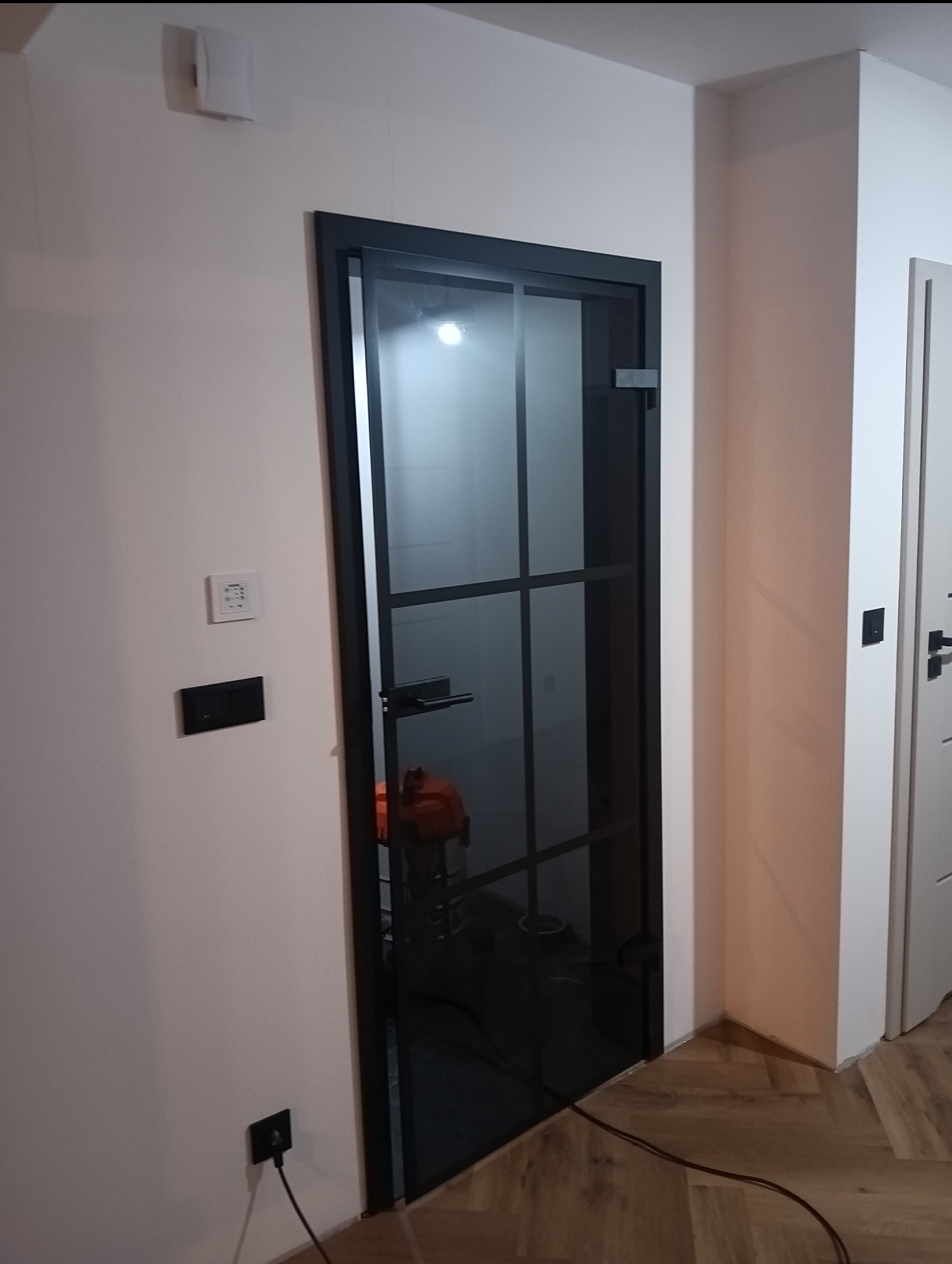 Nowoczesne, czarne drzwi szklane z podziałami, zamontowane w białej ścianie. Widoczny fragment podłogi i inne drzwi w tle. Minimalistyczny design.