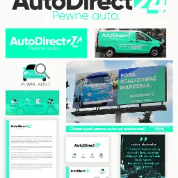 Zestaw materiałów reklamowych marki AutoDirect24: logo, wizytówka Piotra Falkiewicza, ulotka z ofertą, baner reklamowy z Volkswagenem Transporterem i samochodem dostawczym, wszystko w kolorystyce...