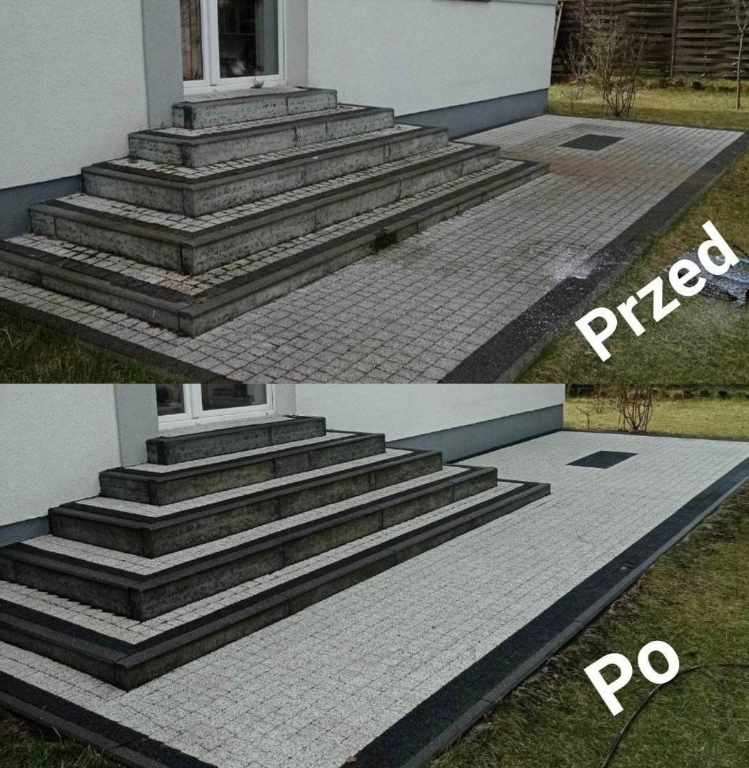 Porównanie stanu kostki brukowej przed i po czyszczeniu: schody wejściowe i chodnik z jasnoszarej kostki, z wyraźną różnicą w czystości i odcieniu, widoczne napisy 'Przed' i 'Po'.