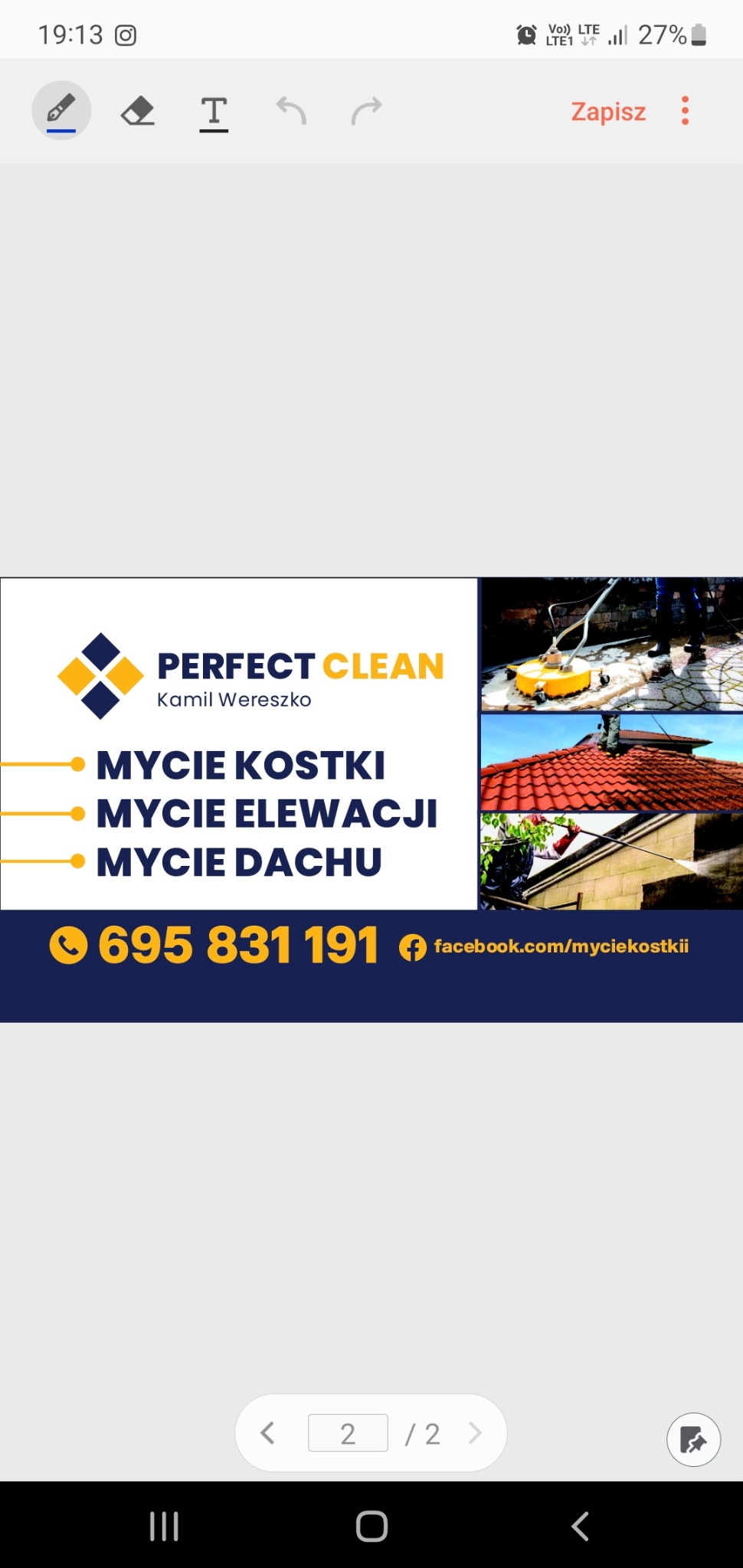 Reklama firmy oferującej usługi czyszczenia, prezentująca logo, numer telefonu i adres Facebooka, z miniaturami realizacji: czyszczenie kostki brukowej, elewacji i dachu.