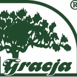 Zielone logo firmy z drzewem i napisem 'Gracja' w ozdobnej czcionce, umieszczone w zaokrąglonym kwadracie z symbolem zastrzeżonego znaku towarowego w prawym górnym rogu.