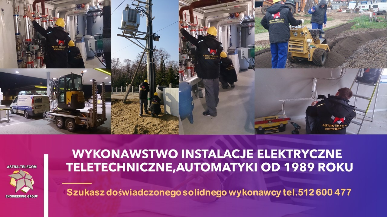 Montaż instalacji elektrycznych i teletechnicznych: pracownicy w żółtych kaskach przy transformatorze, kotłowni, wykopie, instalacji w budynku oraz mini koparka na przyczepie.