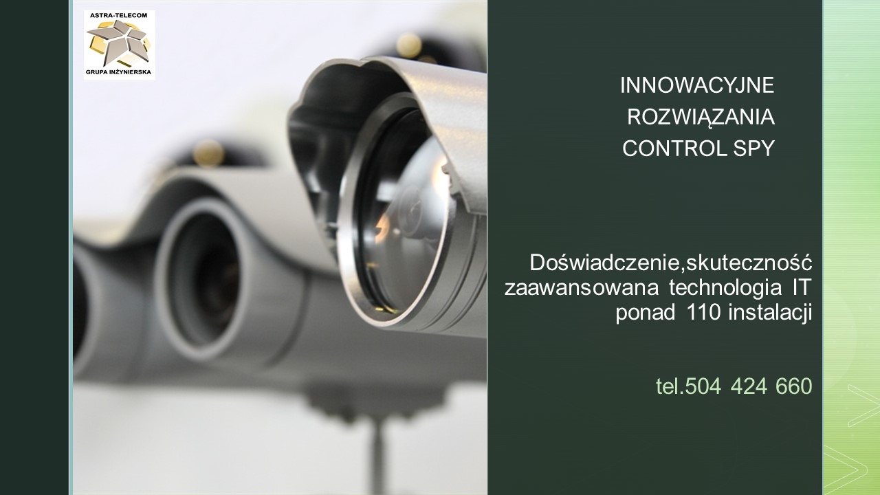 Zbliżenie na moduł kamer monitoringu z logo firmy ASTRA-TELECOM, na tle informacji o innowacyjnych rozwiązaniach i numerze telefonu.