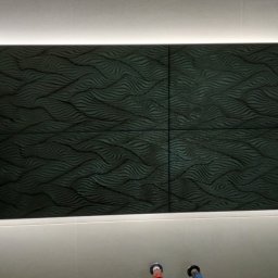 CeraGress - Panel ścienny z ciemnych płytek z falistym wzorem, podświetlony listwą LED, w jasnej łazience.