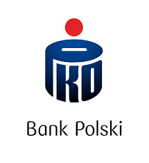 Logo PKO Bank Polski z charakterystycznym znakiem graficznym przypominającym skarbonkę w odcieniach niebieskiego i czerwonego na białym tle.